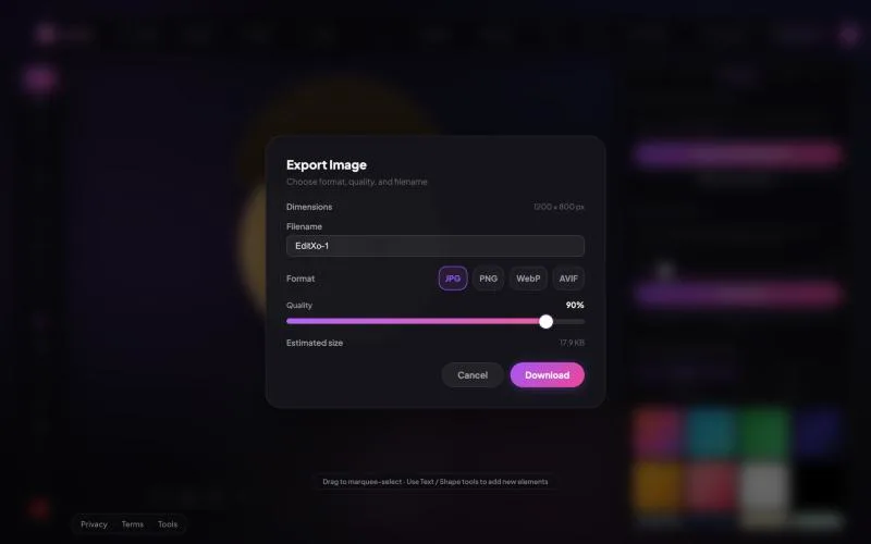 EditXo export dialog with JPG selected and the quality slider