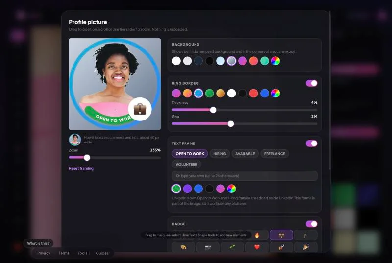 EditXo profile picture maker: a headshot with background removed on a studio gradient, a blue ring, an OPEN TO WORK text frame and a briefcase badge, with background, ring, frame and badge controls