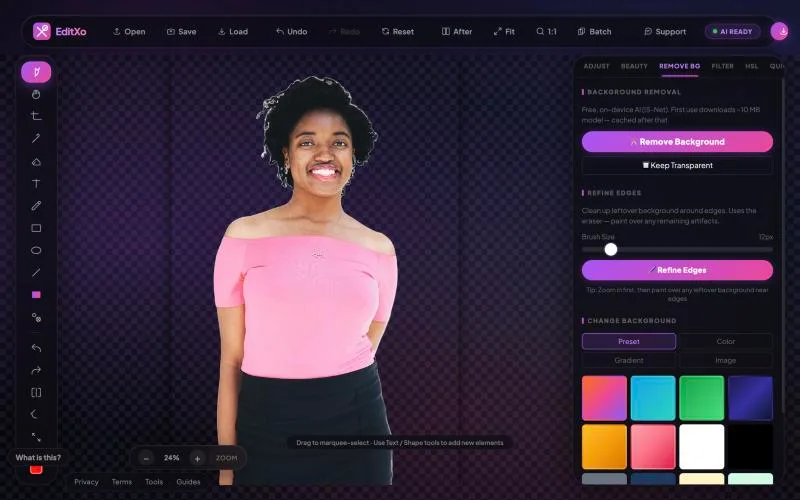 EditXo after removing a portrait background, showing the transparent checkerboard and background options